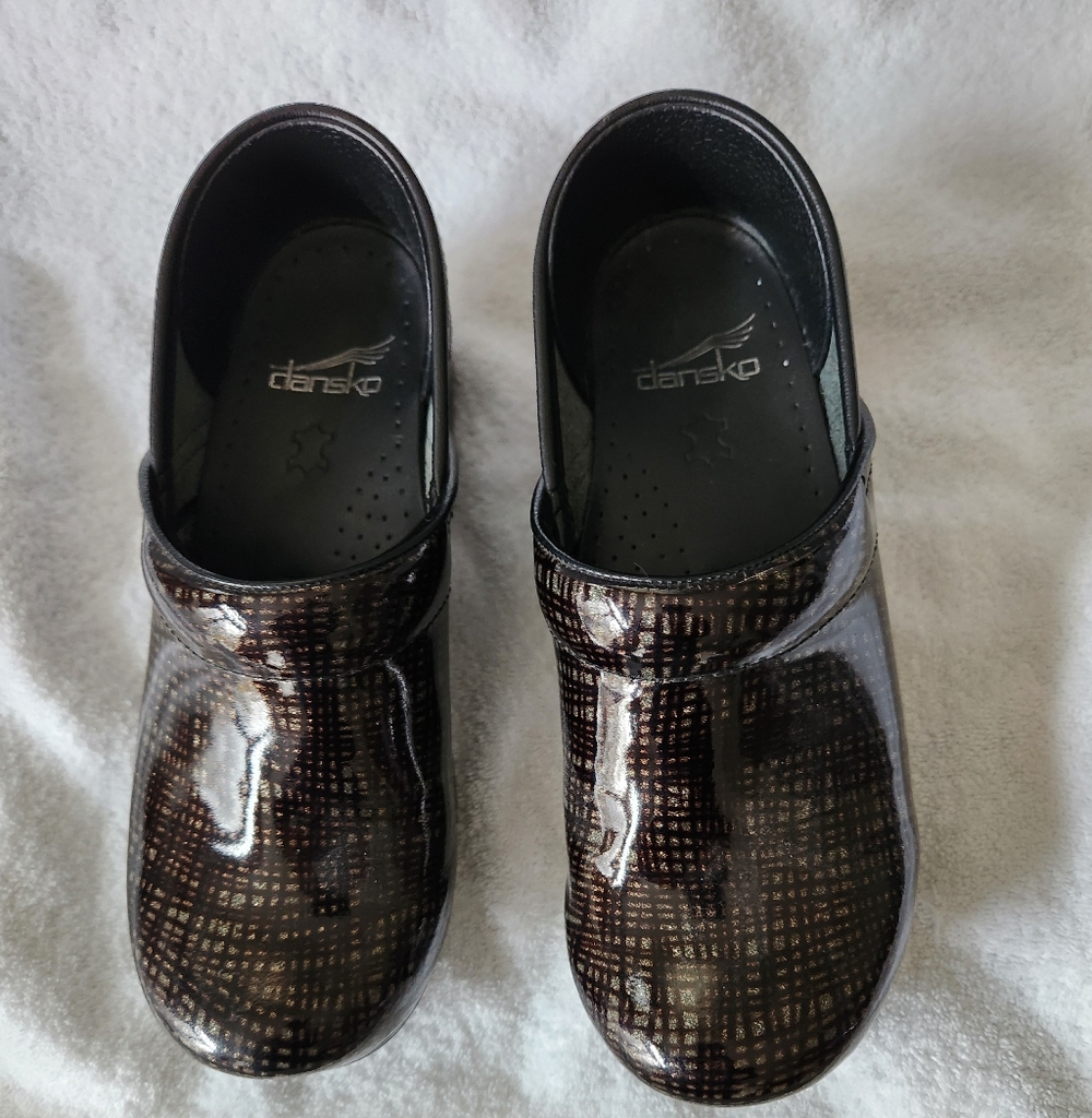 Dansko Black and Silver Patterned Clogs